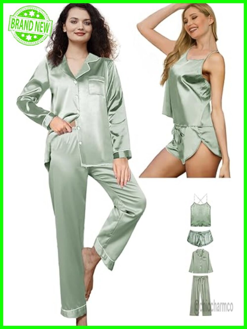 4Pcs Silk Pajama Set Satin Lingerie Cami Sleepwear Loungewear Nightwear